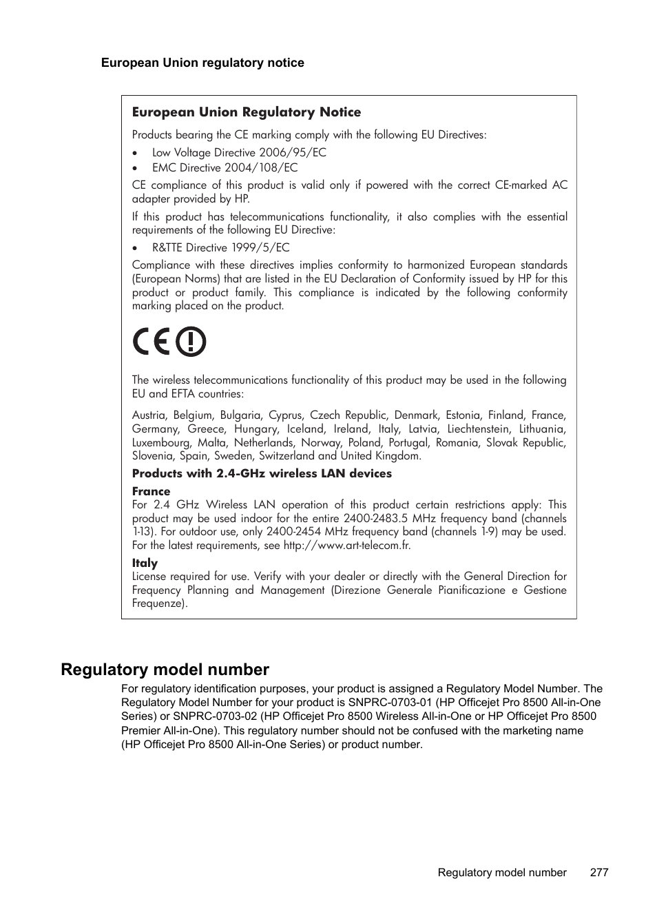 European union regulatory notice, Regulatory model number | HP Officejet Pro 8500 User Manual | Page 281 / 306