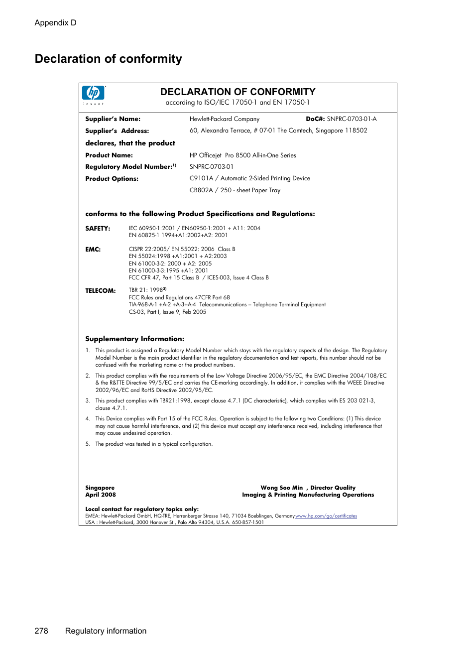 Declaration of conformity, Appendix d 278 regulatory information | HP Officejet Pro 8500 User Manual | Page 282 / 306