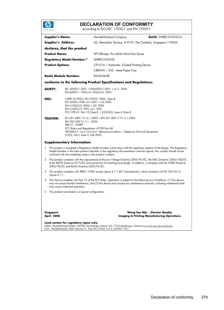 Declaration of conformity, Declaration of conformity 279 | HP Officejet Pro 8500 User Manual | Page 283 / 306