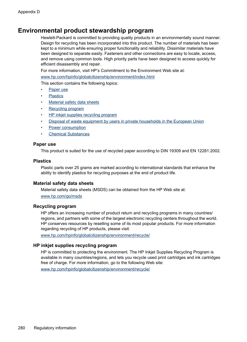 Environmental product stewardship program, Paper use, Plastics | Material safety data sheets, Recycling program, Hp inkjet supplies recycling program, Hp inkjet supplies recycling, Program | HP Officejet Pro 8500 User Manual | Page 284 / 306