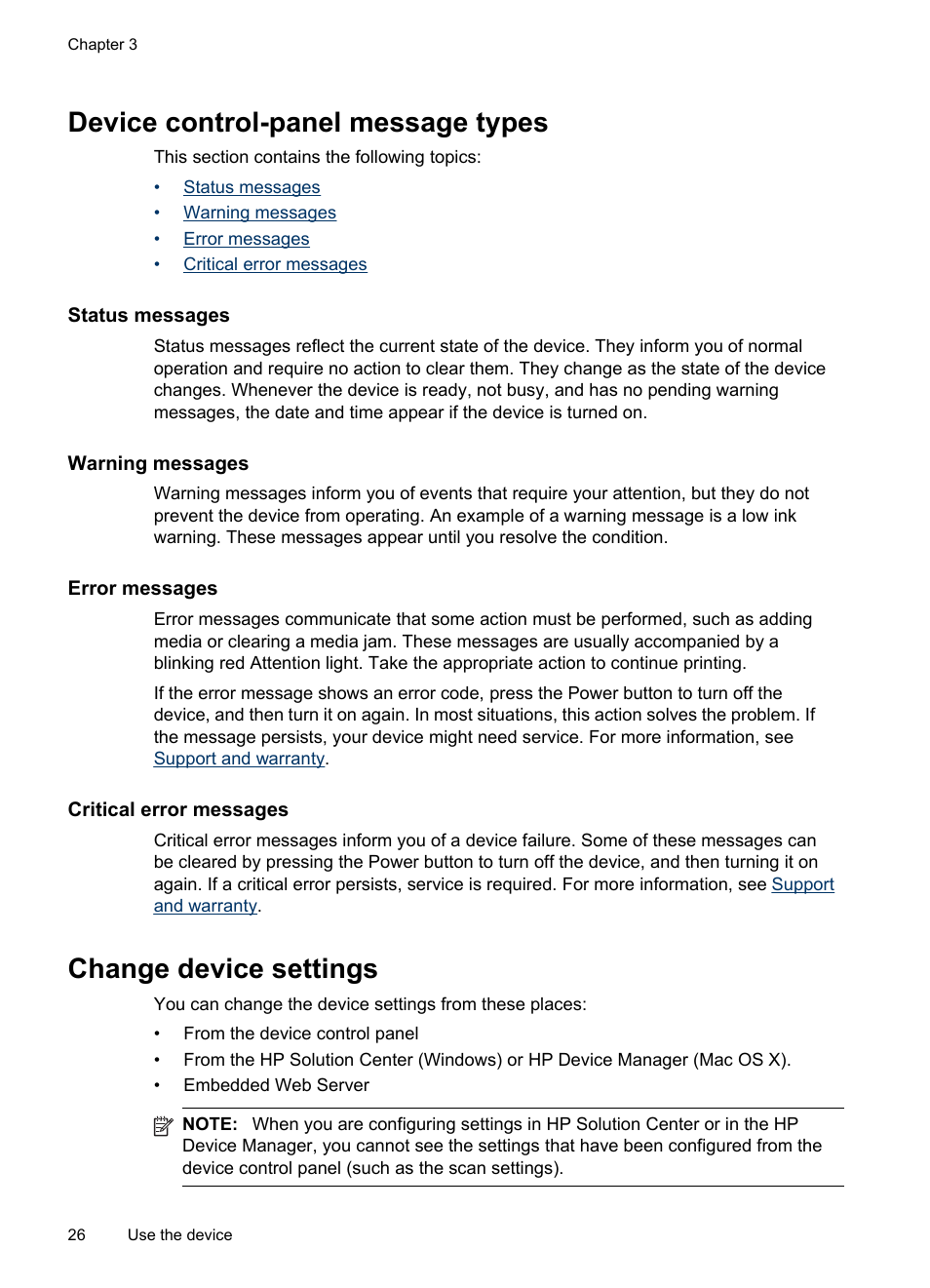 Device control-panel message types, Status messages, Warning messages | Error messages, Critical error messages, Change device settings | HP Officejet Pro 8500 User Manual | Page 30 / 306