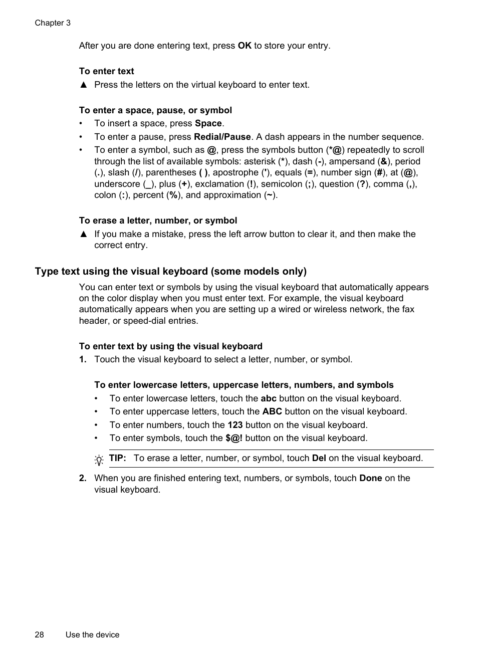 To enter text, To enter a space, pause, or symbol, To erase a letter, number, or symbol | HP Officejet Pro 8500 User Manual | Page 32 / 306