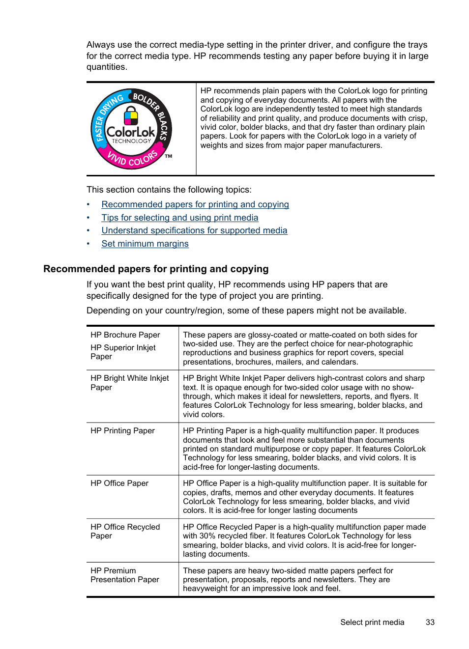 Recommended papers for printing and copying | HP Officejet Pro 8500 User Manual | Page 37 / 306