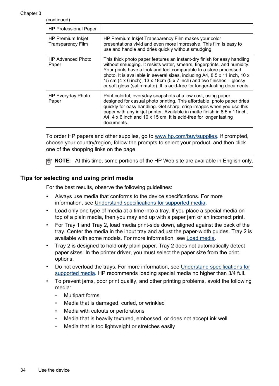 Tips for selecting and using print media | HP Officejet Pro 8500 User Manual | Page 38 / 306