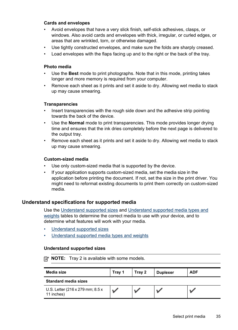 Understand specifications for supported media, Understand supported sizes, Information, see | Understand specifications for, Supported media | HP Officejet Pro 8500 User Manual | Page 39 / 306