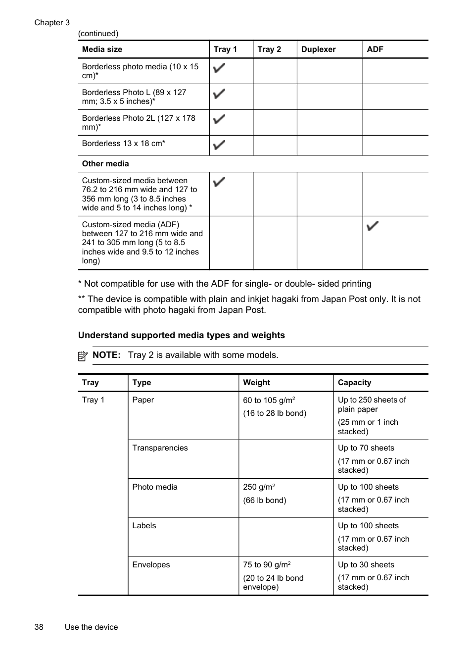 Understand supported media types and weights, Understand supported media types and, Weights | Tables to | HP Officejet Pro 8500 User Manual | Page 42 / 306