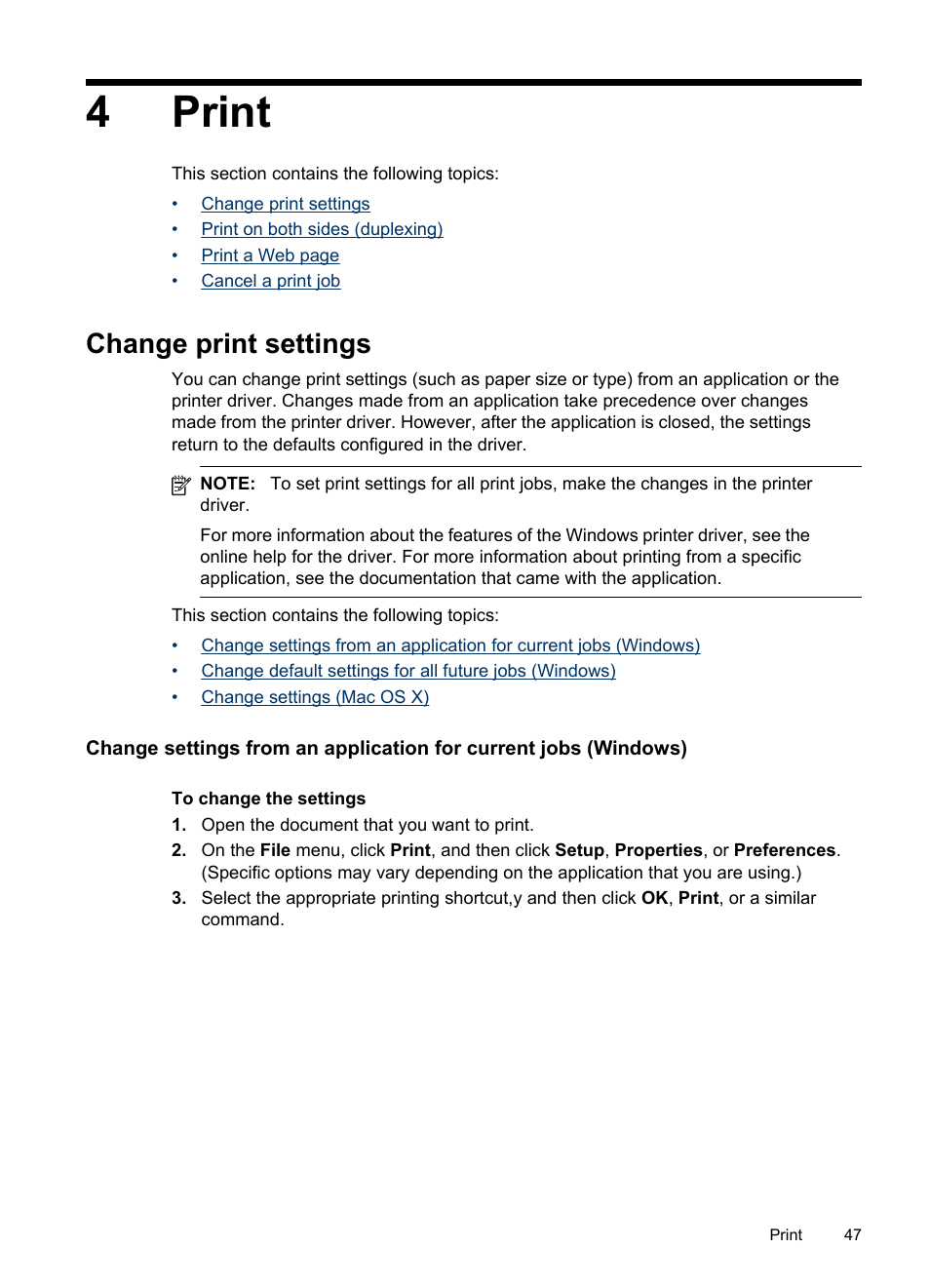 Print, Change print settings, 4 print | 4print | HP Officejet Pro 8500 User Manual | Page 51 / 306