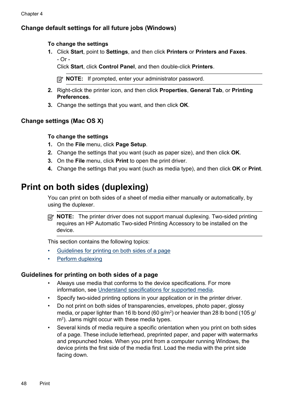 Change settings (mac os x), Print on both sides (duplexing) | HP Officejet Pro 8500 User Manual | Page 52 / 306