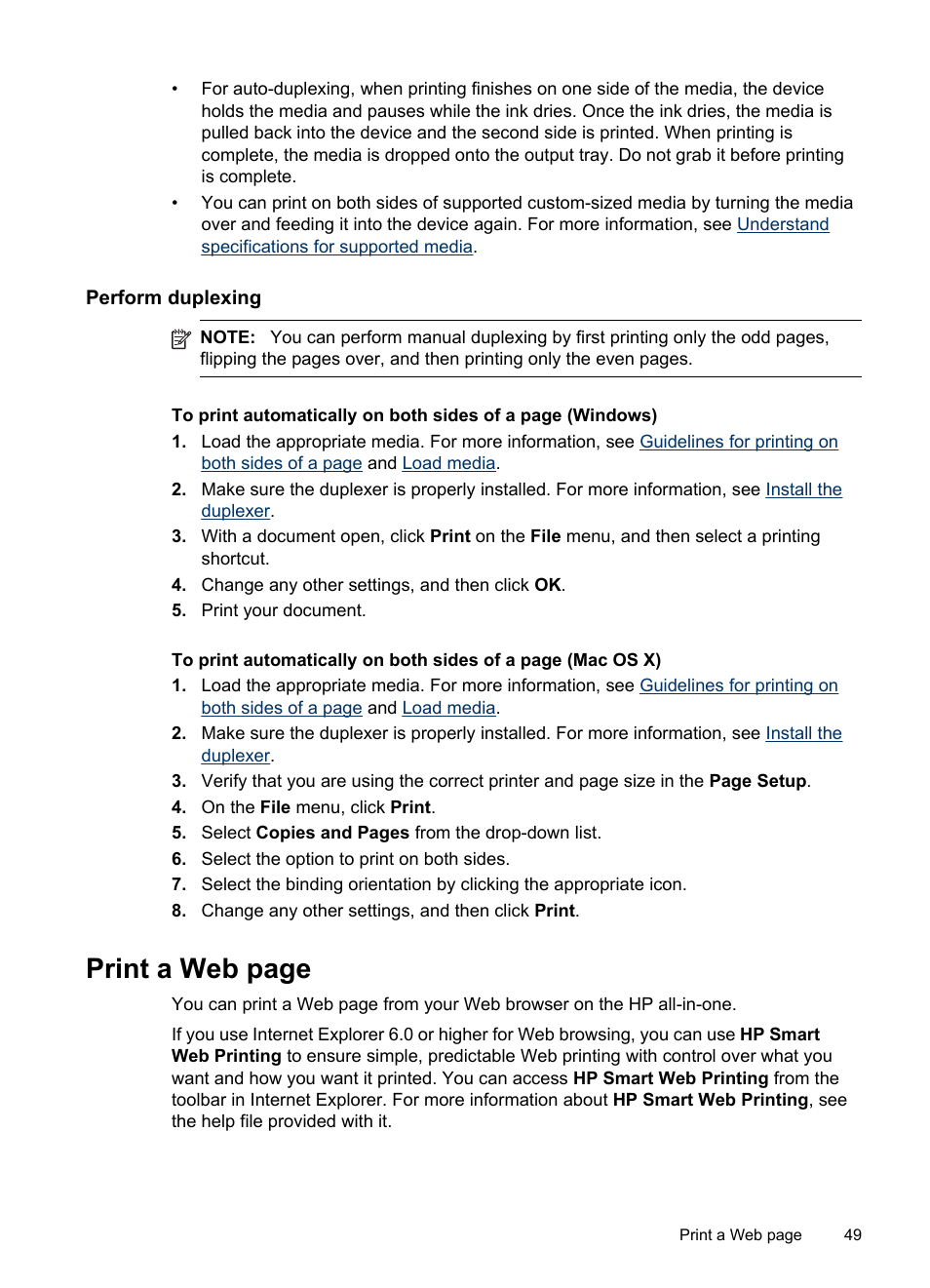 Perform duplexing, Print a web page | HP Officejet Pro 8500 User Manual | Page 53 / 306