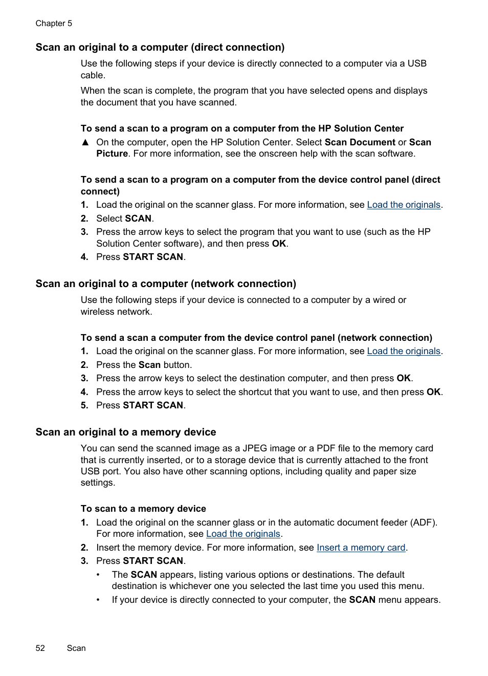Scan an original to a computer (direct connection), Scan an original to a memory device | HP Officejet Pro 8500 User Manual | Page 56 / 306