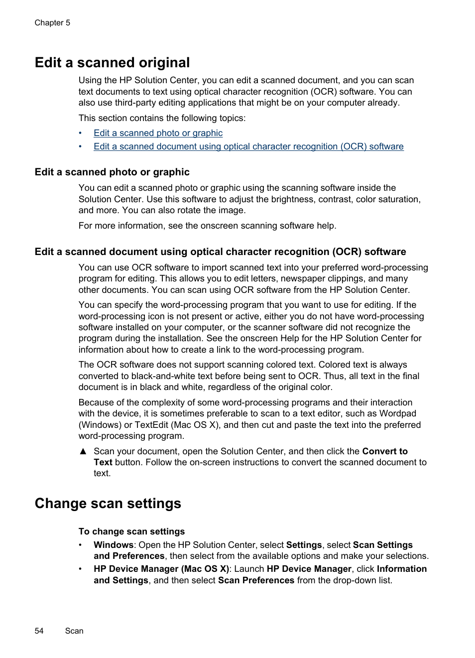 Edit a scanned original, Edit a scanned photo or graphic, Change scan settings | HP Officejet Pro 8500 User Manual | Page 58 / 306