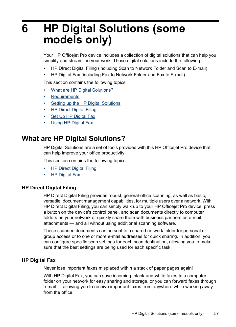 Hp digital solutions (some models only), What are hp digital solutions, Hp direct digital filing | Hp digital fax, 6 hp digital solutions (some models only), Hp direct digital filing hp digital fax, 6hp digital solutions (some models only) | HP Officejet Pro 8500 User Manual | Page 61 / 306