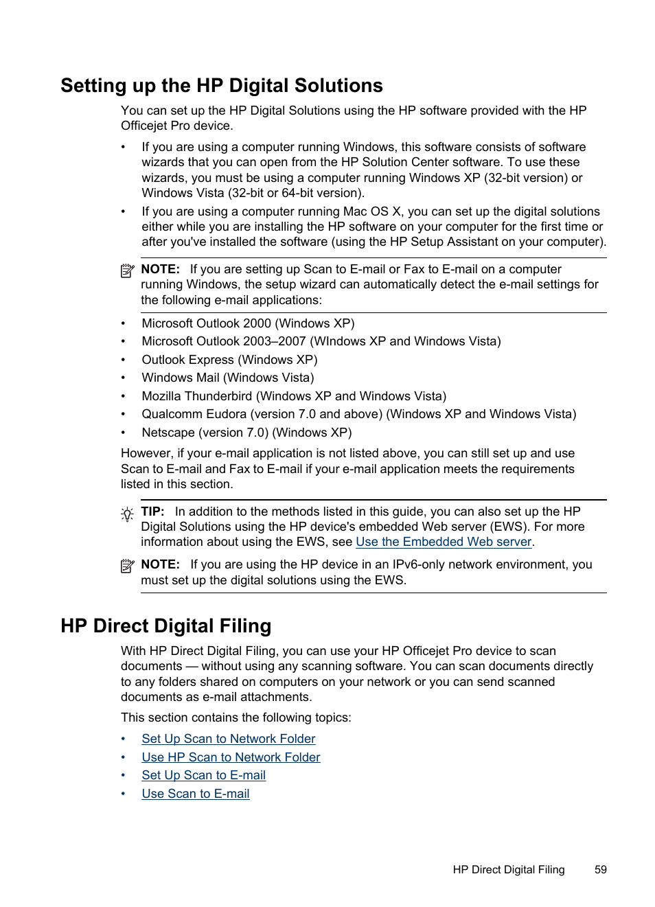 Setting up the hp digital solutions, Hp direct digital filing | HP Officejet Pro 8500 User Manual | Page 63 / 306