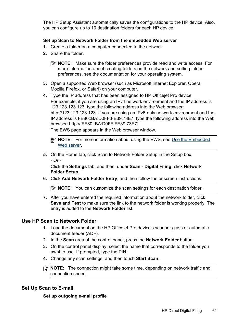 Use hp scan to network folder, Set up scan to e-mail | HP Officejet Pro 8500 User Manual | Page 65 / 306