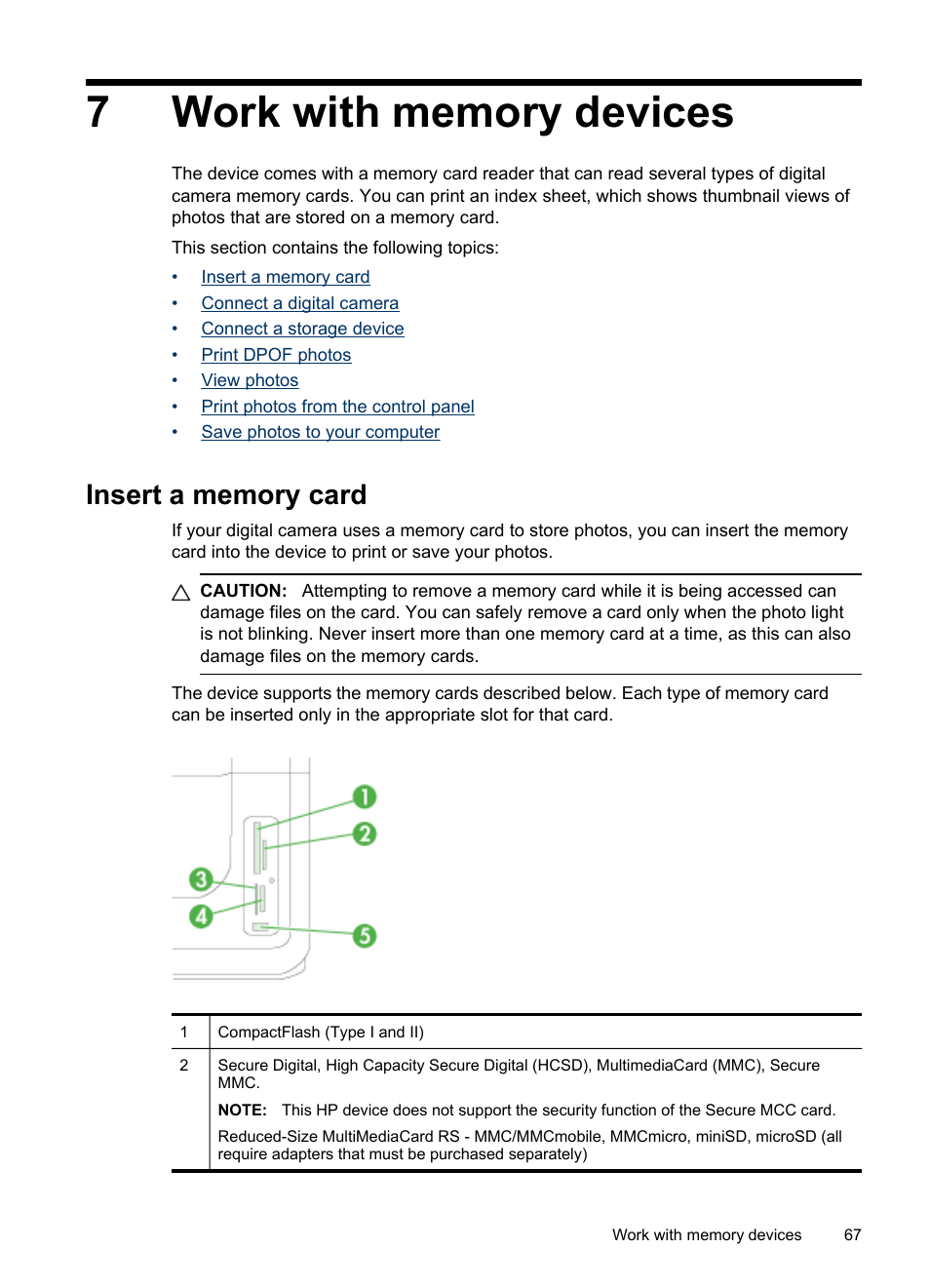 Work with memory devices, Insert a memory card, 7 work with memory devices | HP Officejet Pro 8500 User Manual | Page 71 / 306