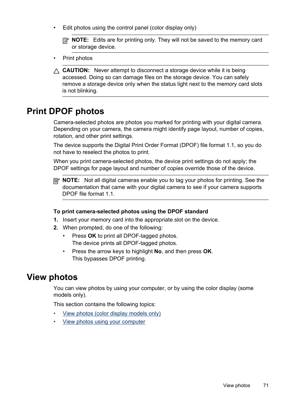 Print dpof photos, View photos, Print dpof photos view photos | HP Officejet Pro 8500 User Manual | Page 75 / 306