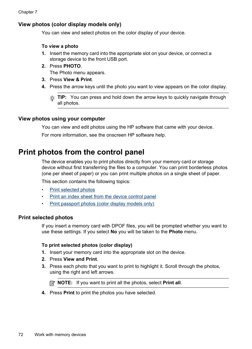 View photos (color display models only), View photos using your computer, Print photos from the control panel | Print selected photos | HP Officejet Pro 8500 User Manual | Page 76 / 306