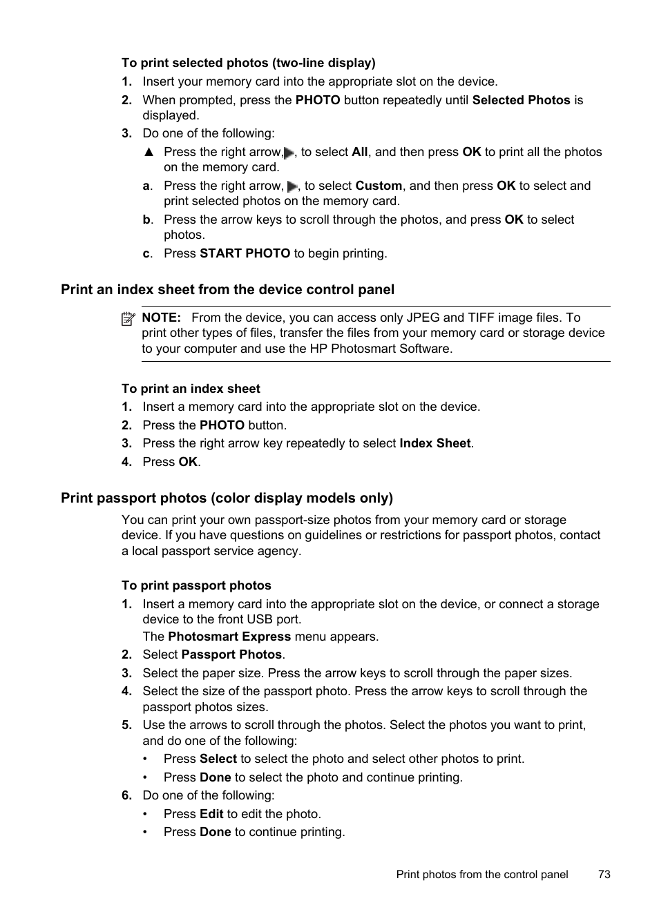 Print an index sheet from the device control panel, Print passport photos (color display models only) | HP Officejet Pro 8500 User Manual | Page 77 / 306