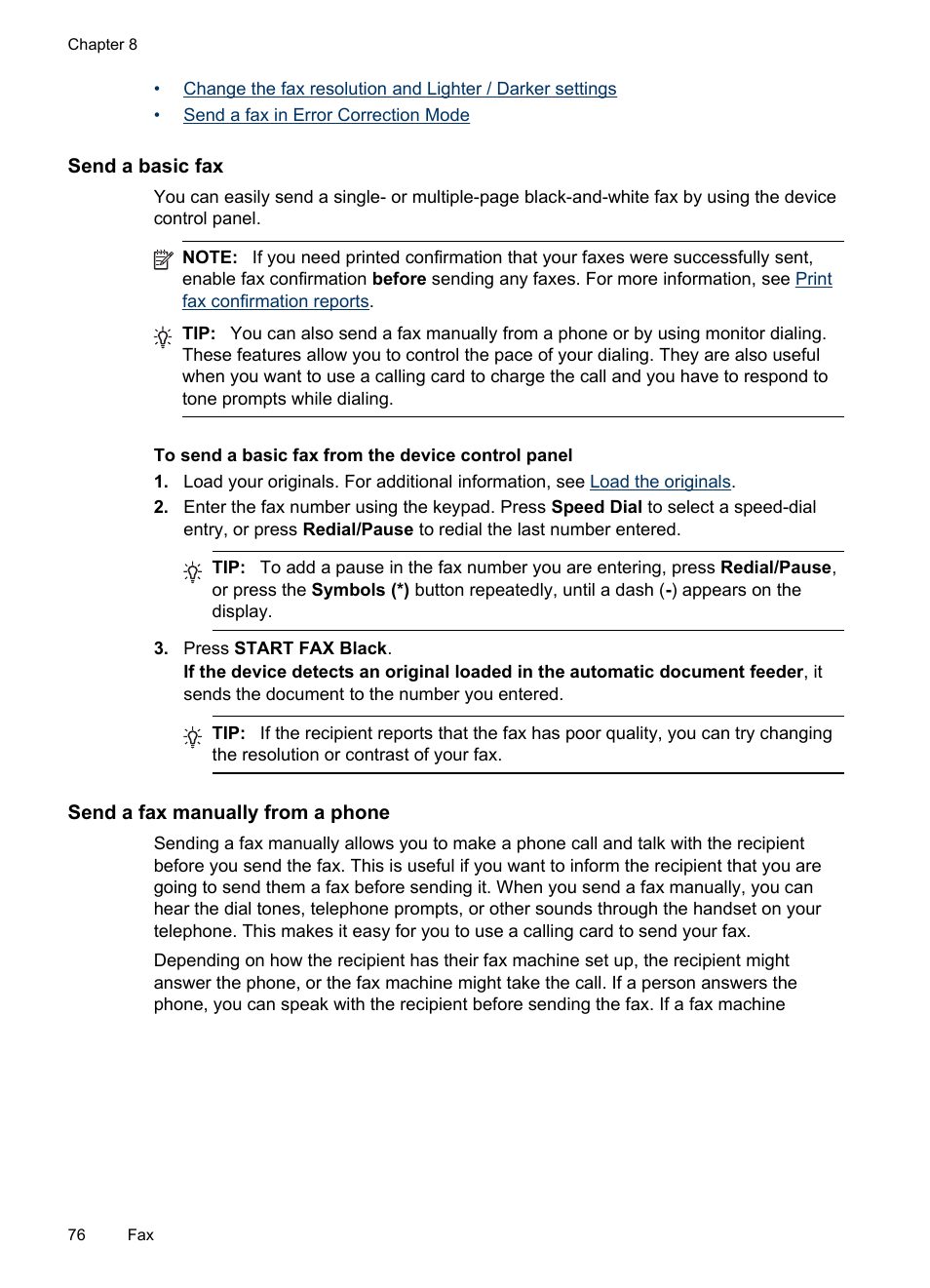 Send a basic fax, Send a fax manually from a phone | HP Officejet Pro 8500 User Manual | Page 80 / 306