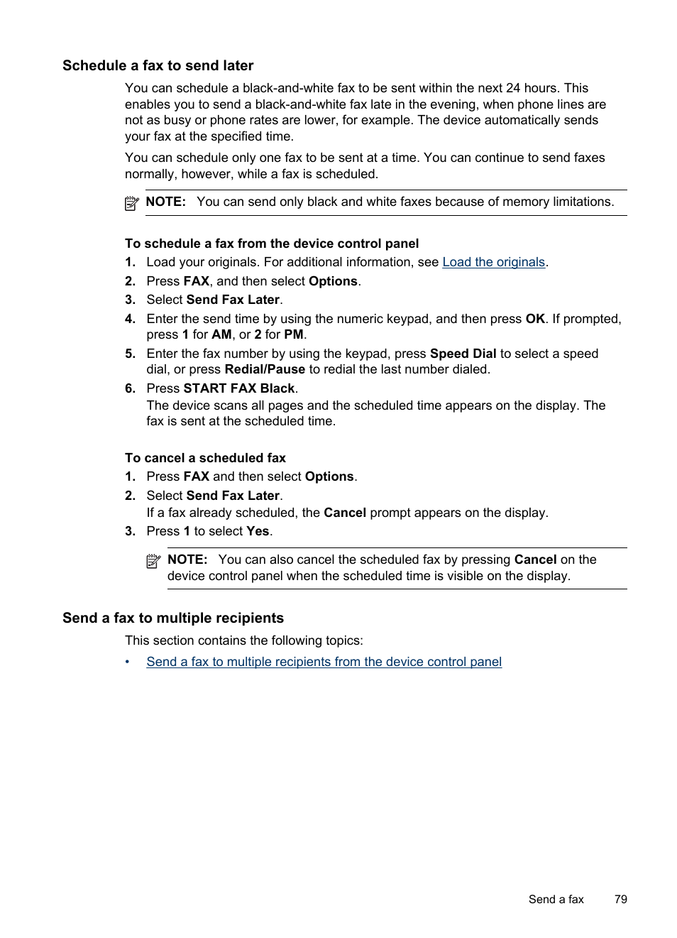 Schedule a fax to send later, Send a fax to multiple recipients | HP Officejet Pro 8500 User Manual | Page 83 / 306