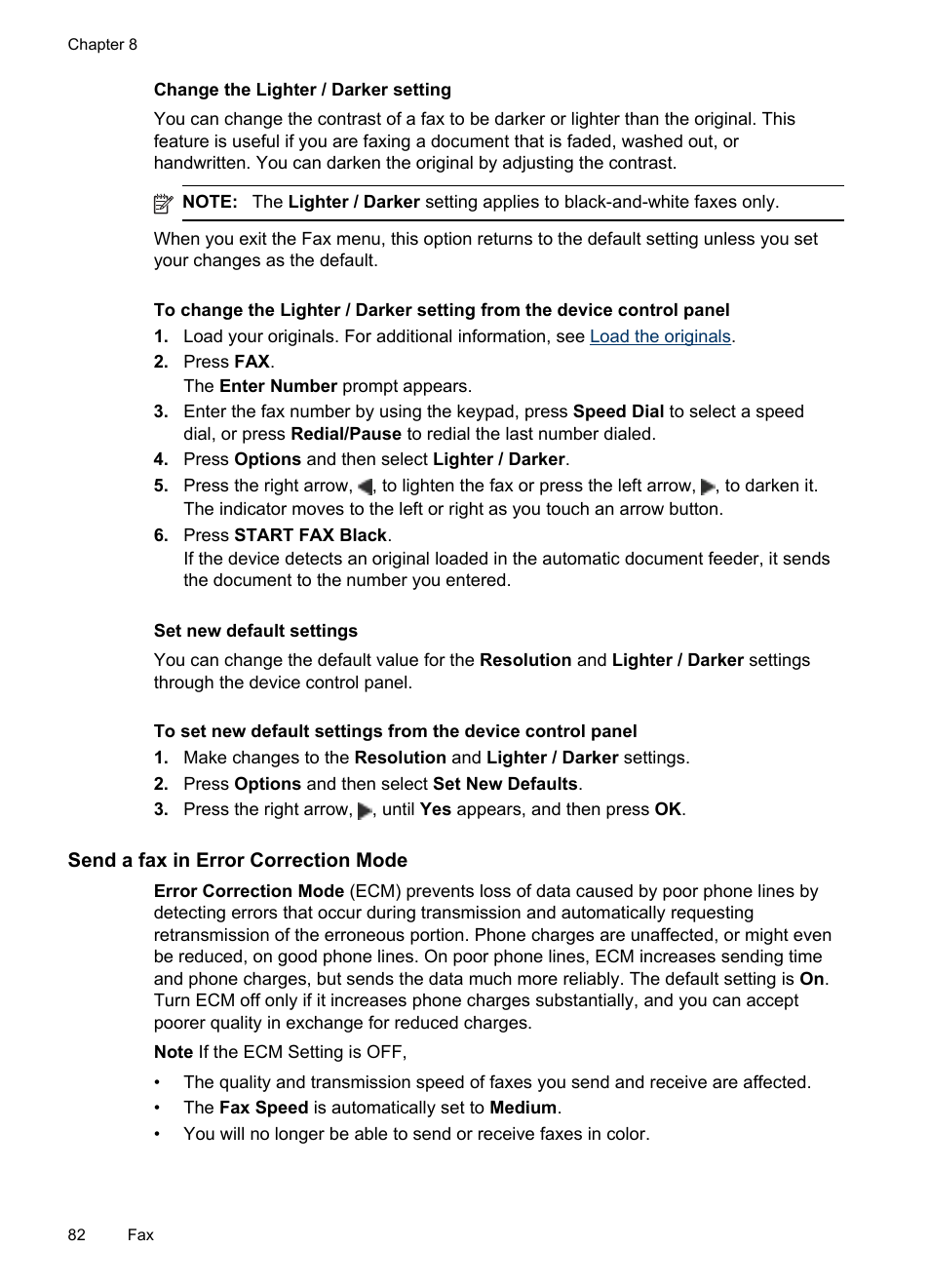 Change the lighter / darker setting, Set new default settings, Send a fax in error correction mode | HP Officejet Pro 8500 User Manual | Page 86 / 306