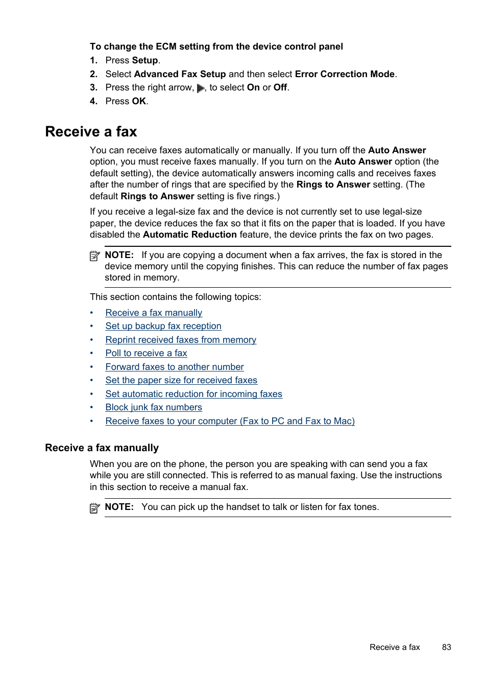 Receive a fax, Receive a fax manually | HP Officejet Pro 8500 User Manual | Page 87 / 306