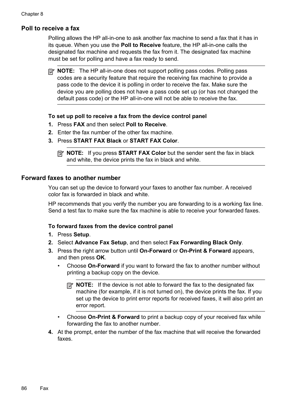 Poll to receive a fax, Forward faxes to another number | HP Officejet Pro 8500 User Manual | Page 90 / 306