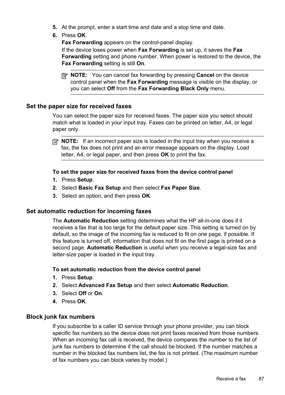 Set the paper size for received faxes, Set automatic reduction for incoming faxes, Block junk fax numbers | HP Officejet Pro 8500 User Manual | Page 91 / 306