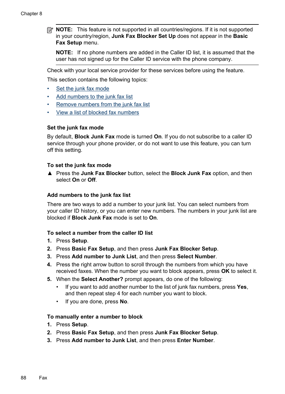 Set the junk fax mode, Add numbers to the junk fax list | HP Officejet Pro 8500 User Manual | Page 92 / 306