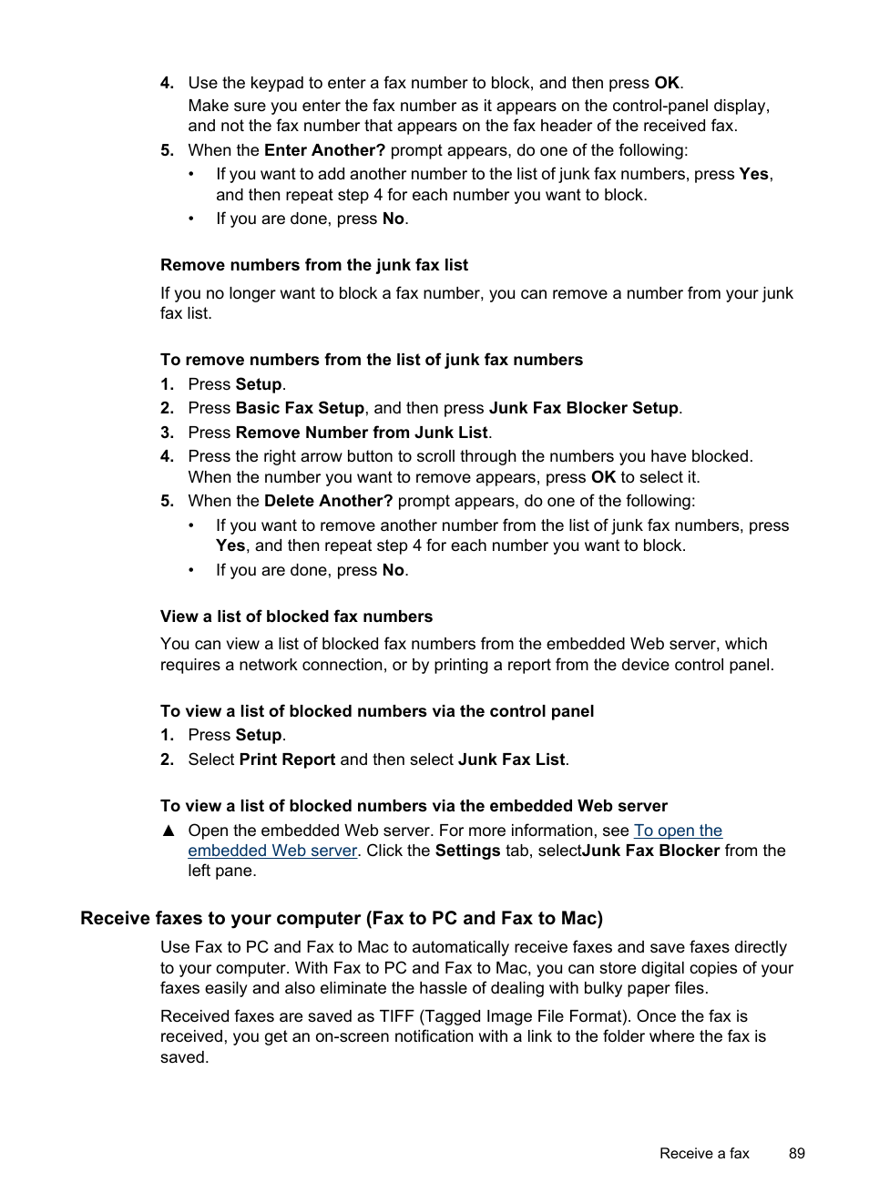 Remove numbers from the junk fax list, View a list of blocked fax numbers | HP Officejet Pro 8500 User Manual | Page 93 / 306