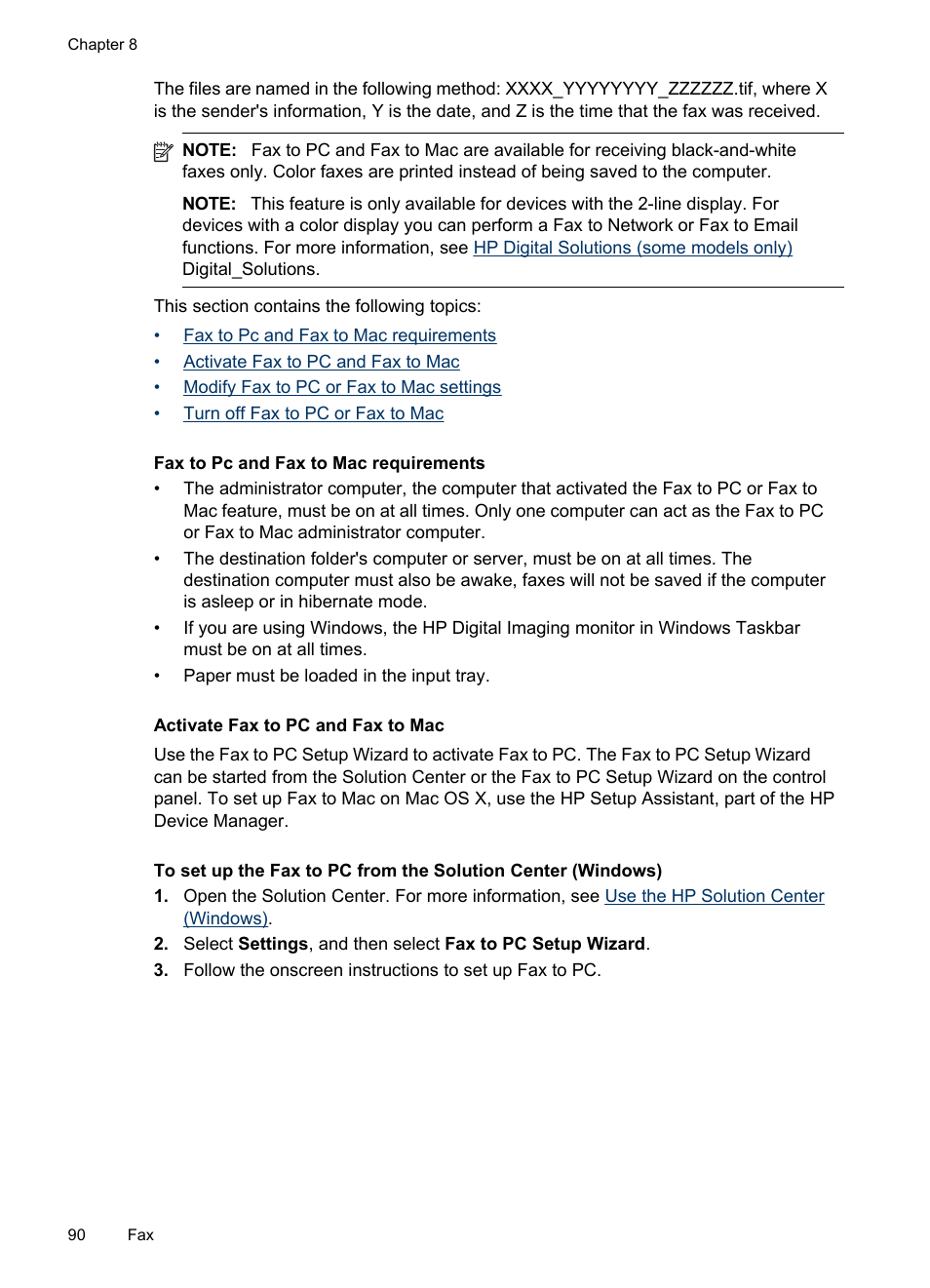 Fax to pc and fax to mac requirements, Activate fax to pc and fax to mac | HP Officejet Pro 8500 User Manual | Page 94 / 306