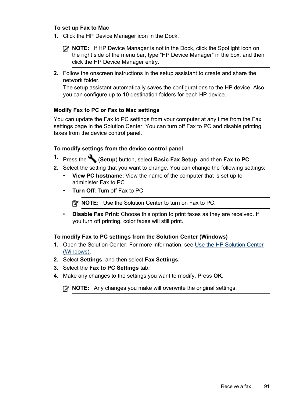 Modify fax to pc or fax to mac settings | HP Officejet Pro 8500 User Manual | Page 95 / 306