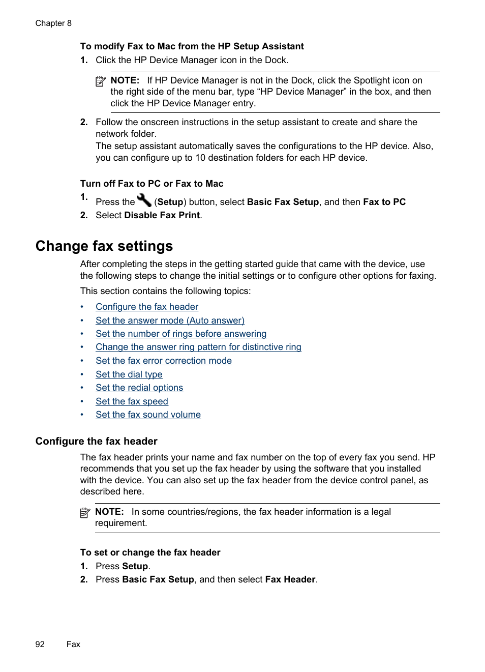 Turn off fax to pc or fax to mac, Change fax settings, Configure the fax header | HP Officejet Pro 8500 User Manual | Page 96 / 306