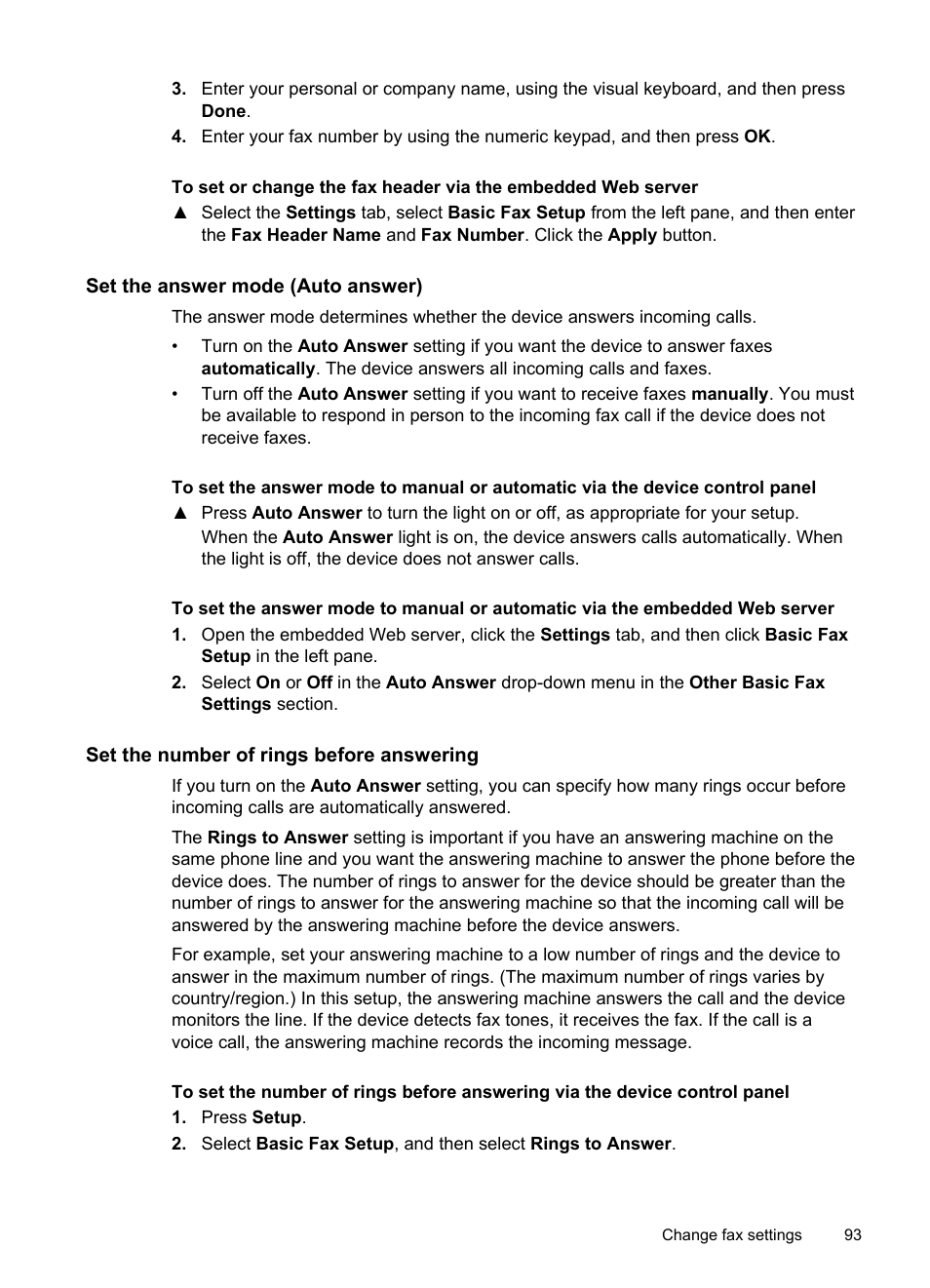 Set the answer mode (auto answer), Set the number of rings before answering | HP Officejet Pro 8500 User Manual | Page 97 / 306