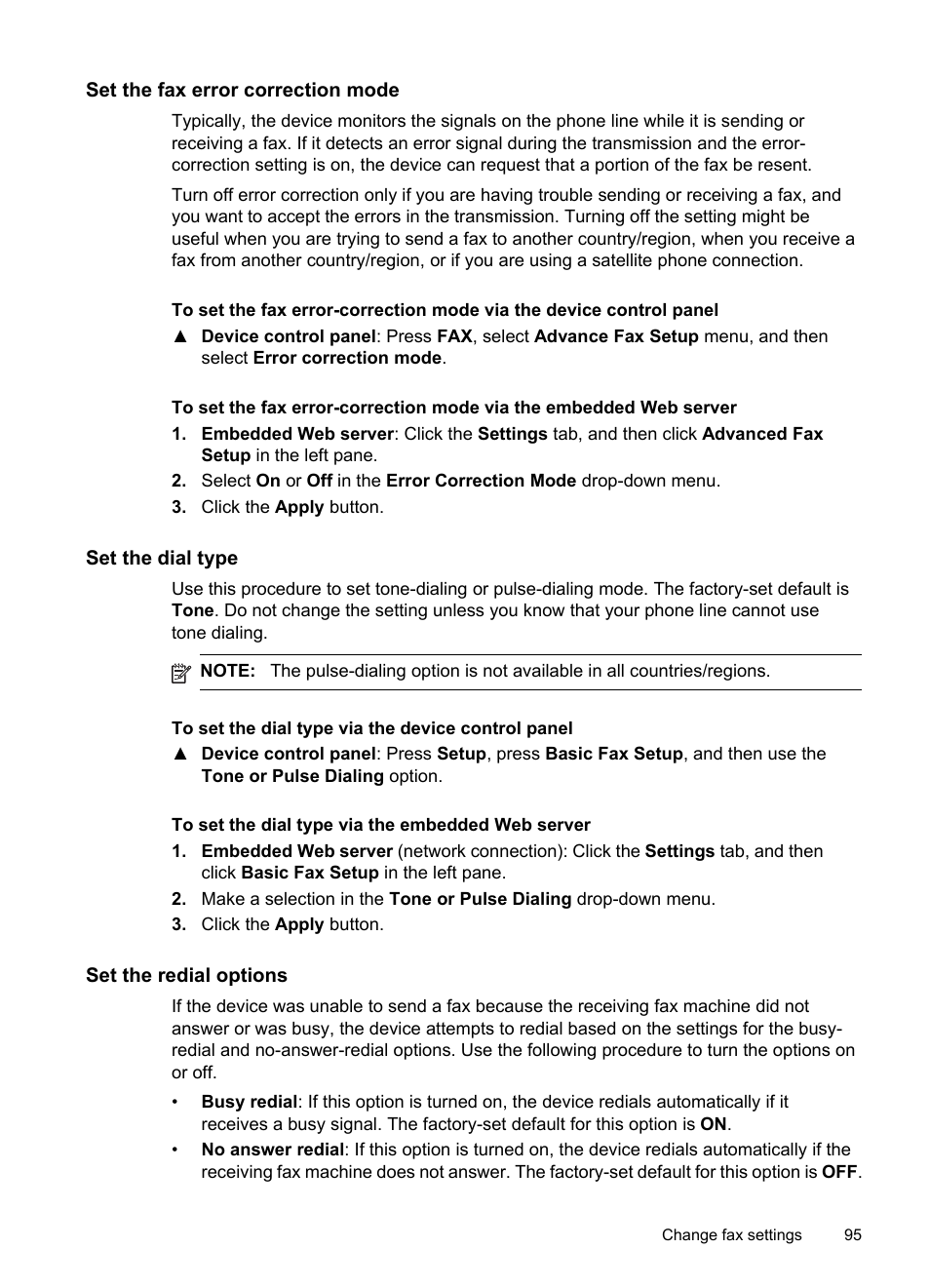 Set the fax error correction mode, Set the dial type, Set the redial options | HP Officejet Pro 8500 User Manual | Page 99 / 306