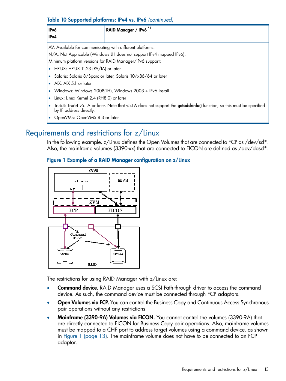 Requirements and restrictions for z/linux, Requirements and restrictions | HP XP P9500 Storage User Manual | Page 13 / 94