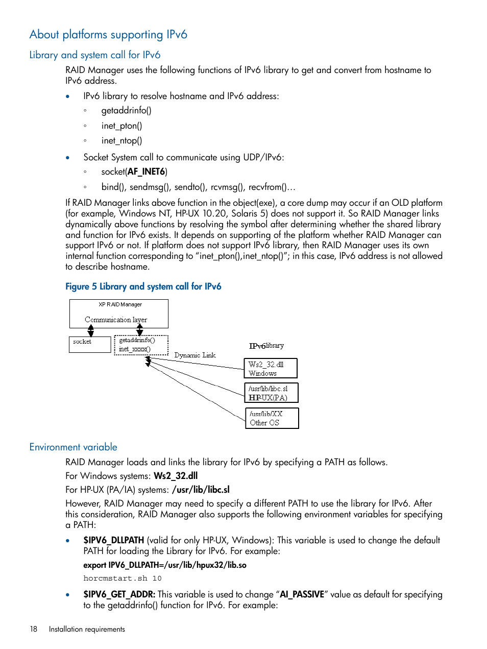 About platforms supporting ipv6, Library and system call for ipv6, Environment variable | HP XP P9500 Storage User Manual | Page 18 / 94
