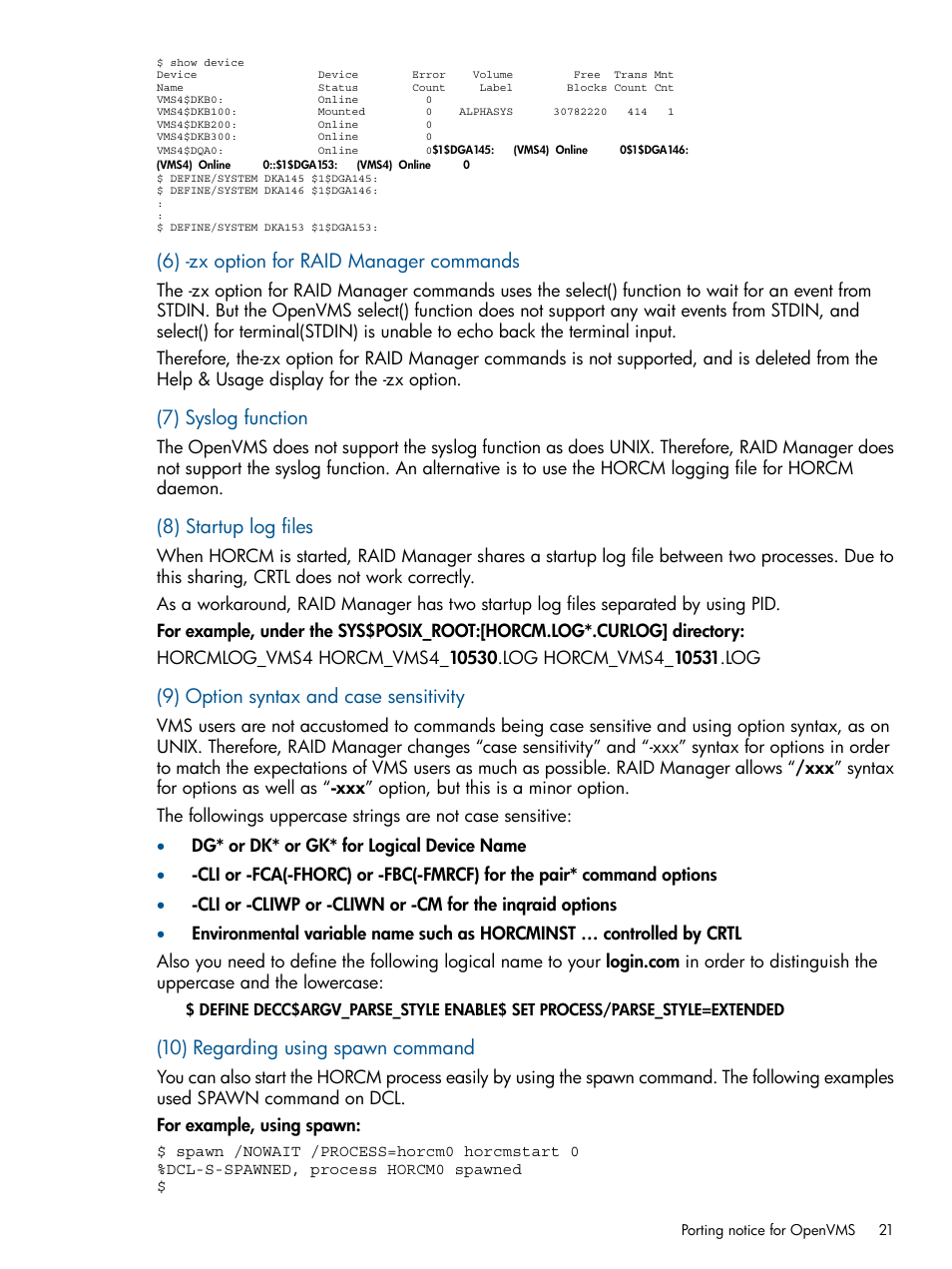 6) -zx option for raid manager commands, 7) syslog function, 8) startup log files | 9) option syntax and case sensitivity, 10) regarding using spawn command | HP XP P9500 Storage User Manual | Page 21 / 94