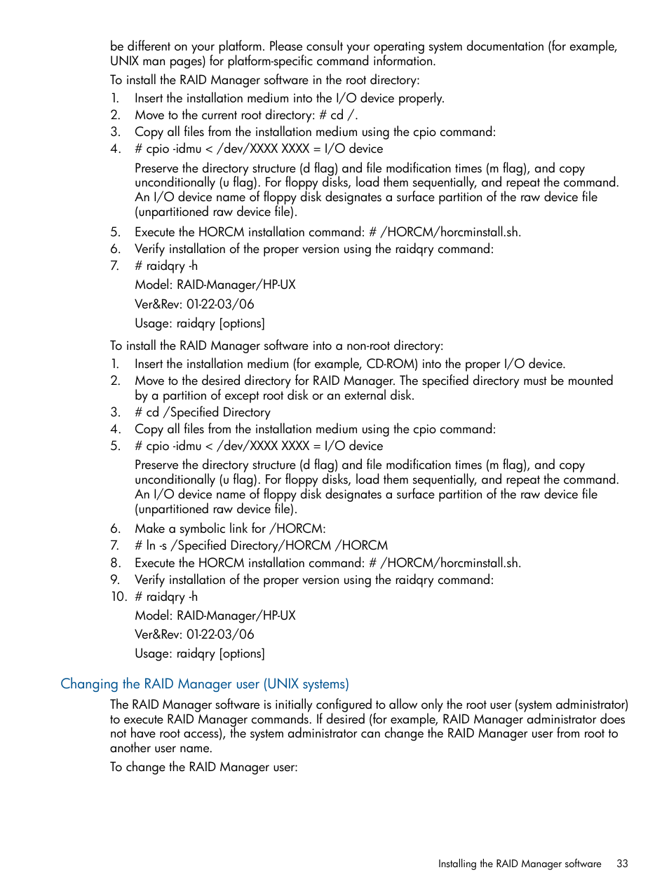 Changing the raid manager user (unix systems) | HP XP P9500 Storage User Manual | Page 33 / 94