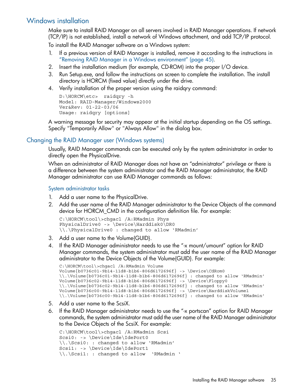 Windows installation, Changing the raid manager user (windows systems) | HP XP P9500 Storage User Manual | Page 35 / 94