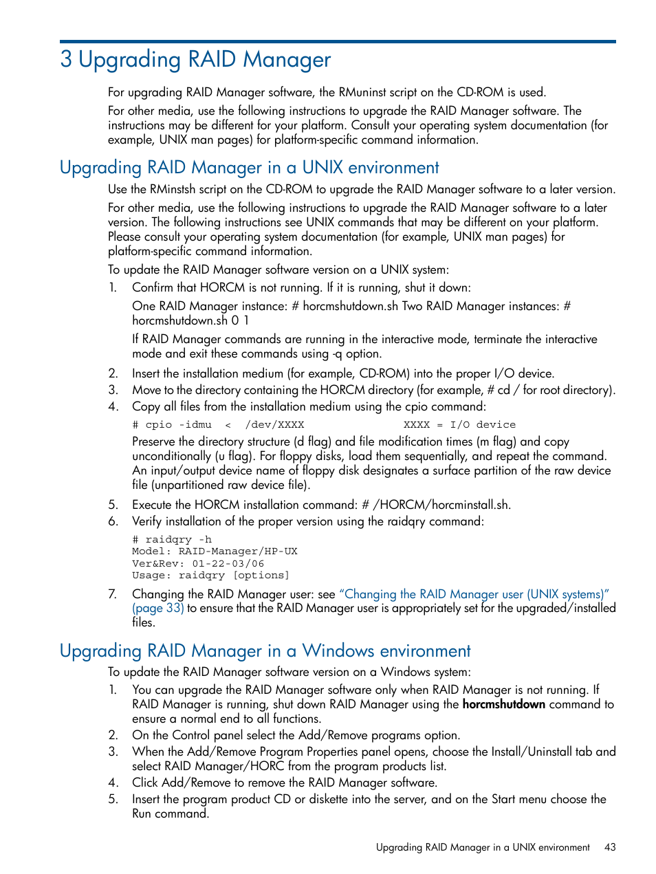 3 upgrading raid manager, Upgrading raid manager in a unix environment, Upgrading raid manager in a windows environment | HP XP P9500 Storage User Manual | Page 43 / 94