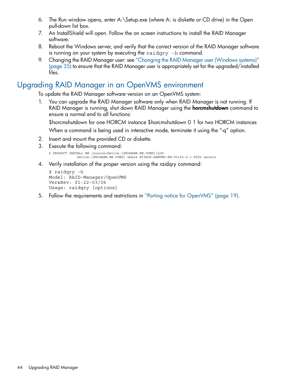 Upgrading raid manager in an openvms environment | HP XP P9500 Storage User Manual | Page 44 / 94