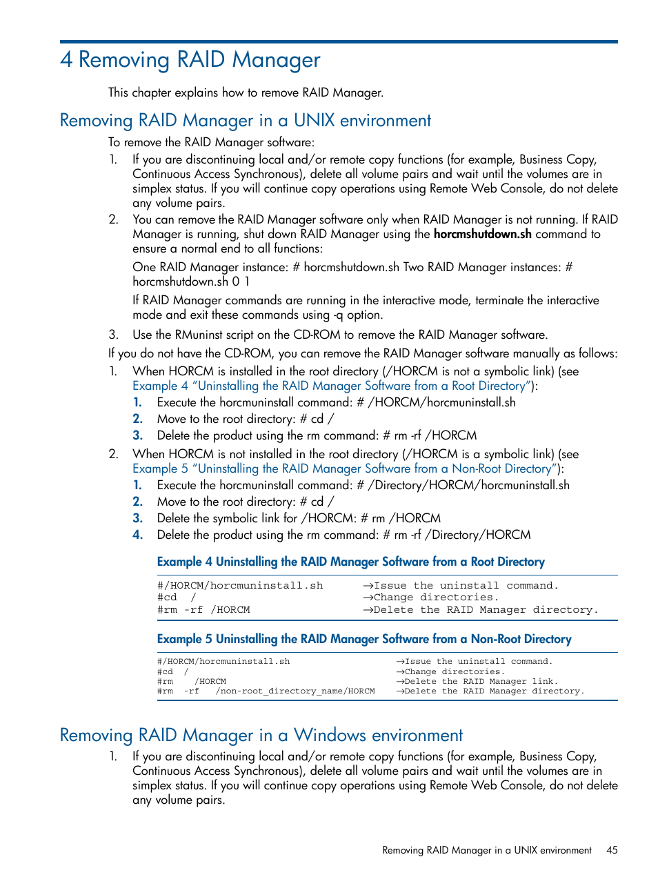 4 removing raid manager, Removing raid manager in a unix environment, Removing raid manager in a windows environment | HP XP P9500 Storage User Manual | Page 45 / 94