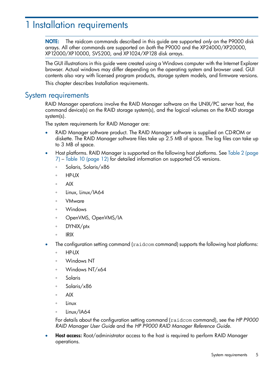 1 installation requirements, System requirements | HP XP P9500 Storage User Manual | Page 5 / 94