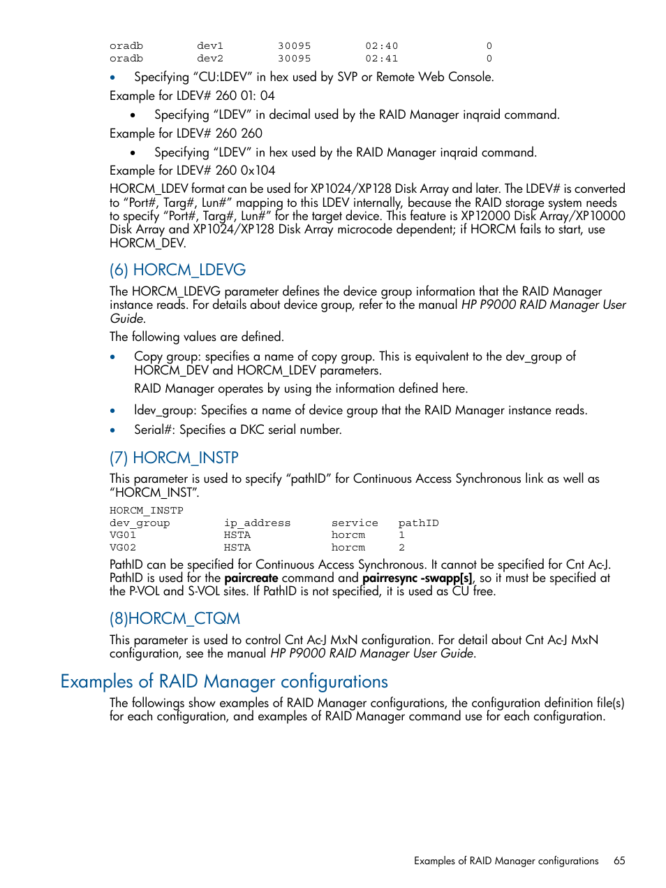 Examples of raid manager configurations, 6) horcm_ldevg, 7) horcm_instp | 8)horcm_ctqm | HP XP P9500 Storage User Manual | Page 65 / 94