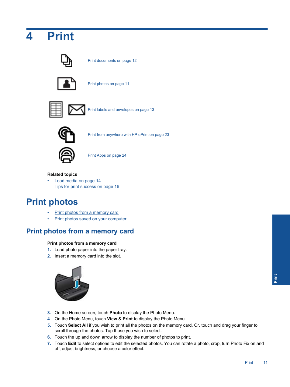 Print, Print photos, Print photos from a memory card | 4 print, 4print | HP ENVY 111 e-All-in-One Printer - D411d User Manual | Page 13 / 58