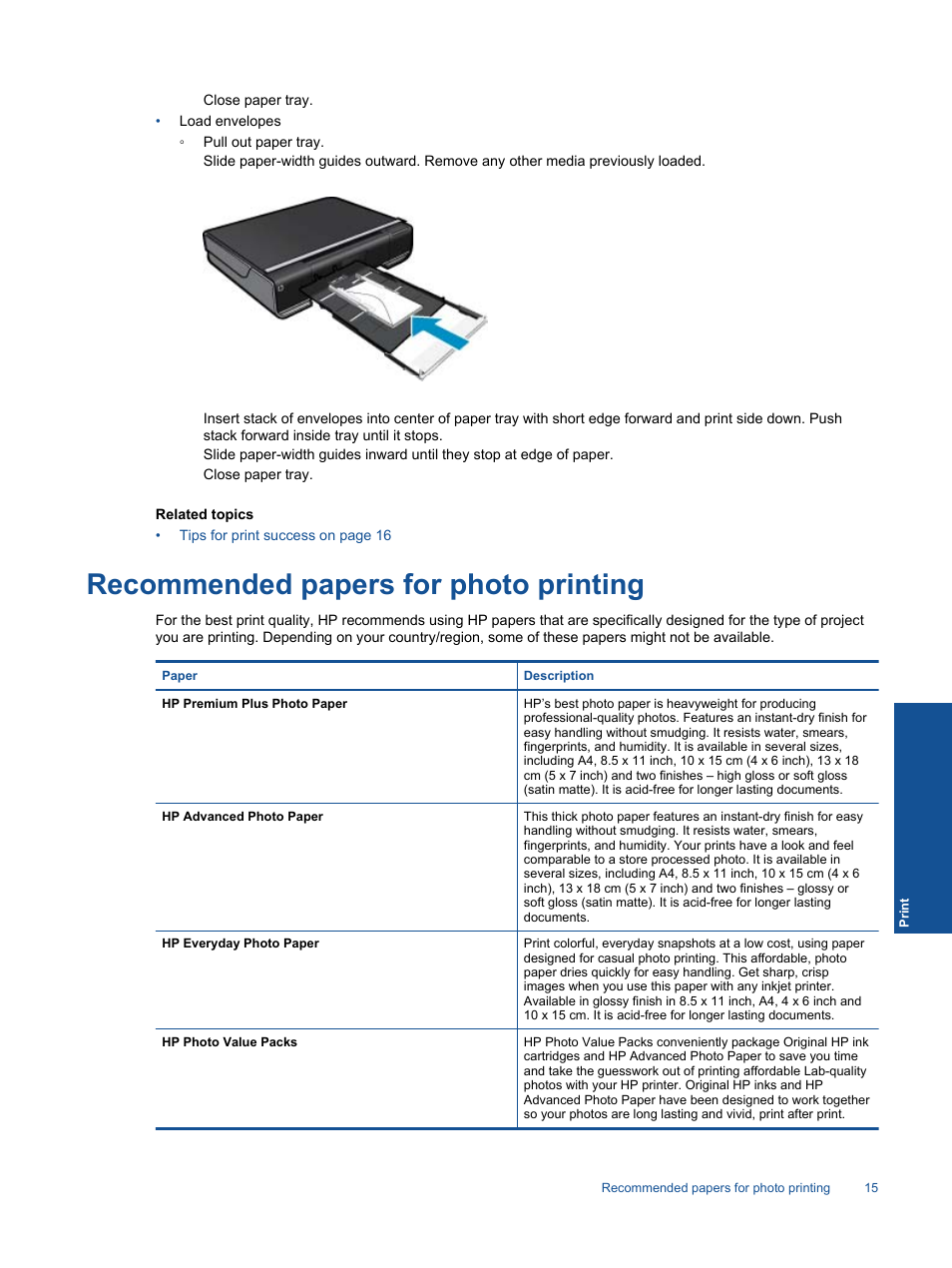 Recommended papers for photo printing | HP ENVY 111 e-All-in-One Printer - D411d User Manual | Page 17 / 58