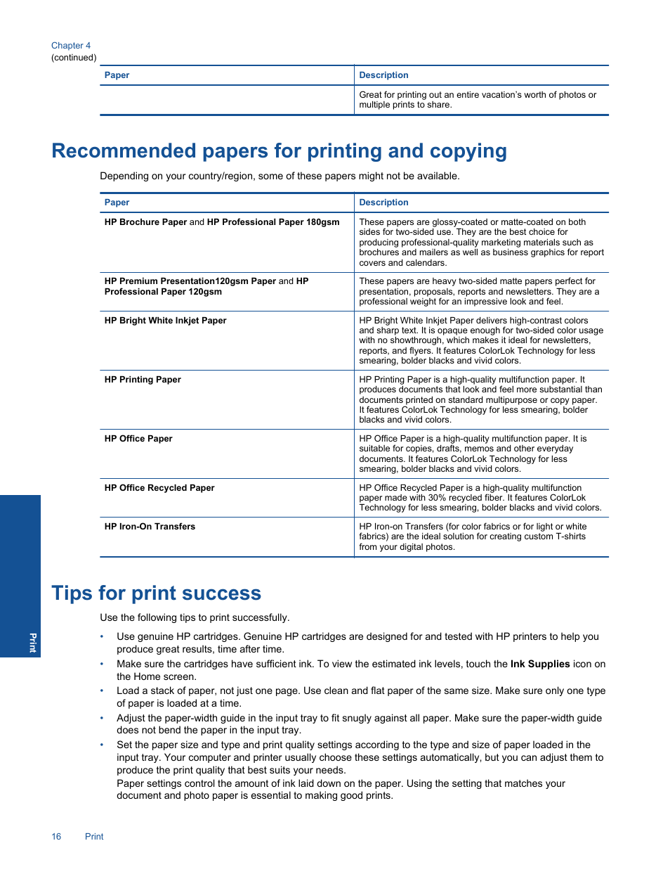Recommended papers for printing and copying, Tips for print success | HP ENVY 111 e-All-in-One Printer - D411d User Manual | Page 18 / 58
