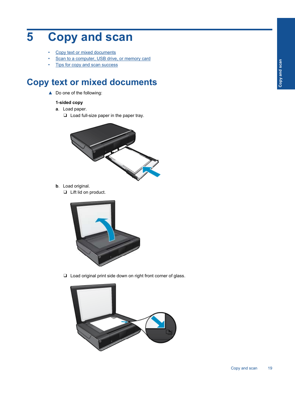 Copy and scan, Copy text or mixed documents, 5 copy and scan | 5copy and scan | HP ENVY 111 e-All-in-One Printer - D411d User Manual | Page 21 / 58