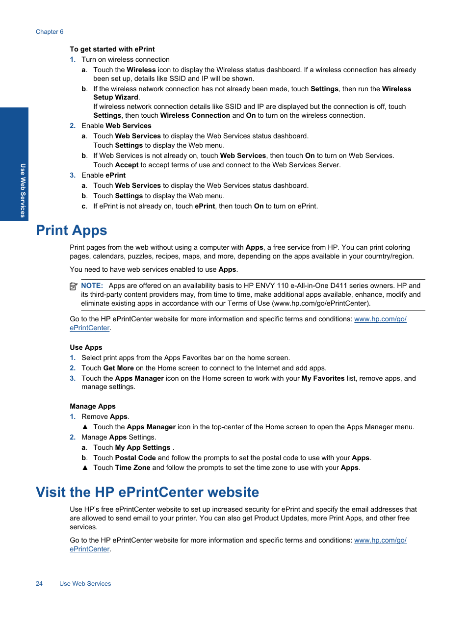 Print apps, Visit the hp eprintcenter website, Print apps visit the hp eprintcenter website | HP ENVY 111 e-All-in-One Printer - D411d User Manual | Page 26 / 58